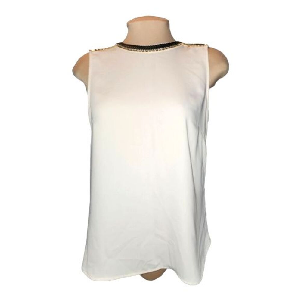 H&M Beige & Black Faux Leather & Metal Beading Trimmed Sleeveless Blouse Size 10